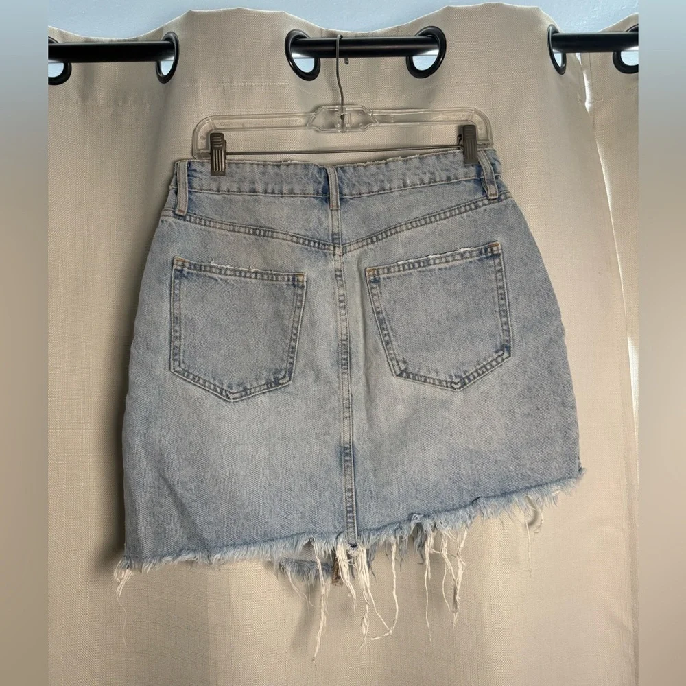 Zara Light Wash Denim Distressed Asymmetrical Mini Skirt Size Large